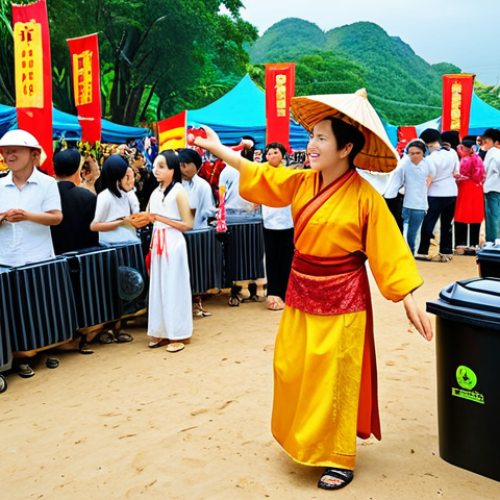 **

A vibrant, colorful Vietnamese festival scene. No overflowing trash bins in sight. People are enjoying themselves, with traditional music and dance. Focus on eco-friendly elements: reusable cups, recycling bins, and possibly solar panels powering the stage. The overall feeling should be celebratory and sustainable.

**