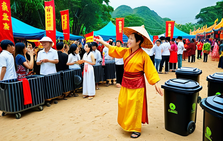 **
A vibrant, colorful Vietnamese festival scene. No overflowing trash bins in sight. People are enjoying themselves, with traditional music and dance. Focus on eco-friendly elements: reusable cups, recycling bins, and possibly solar panels powering the stage. The overall feeling should be celebratory and sustainable.
**